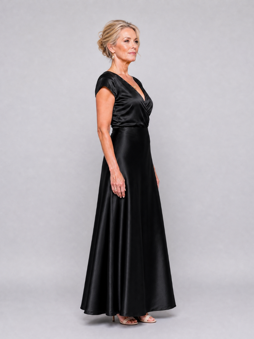 V-Neck Cap Sleeve Satin Wrap Bodice Bias Maxi Gown 13