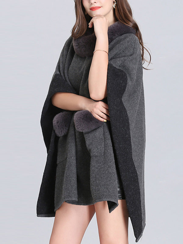 Faux Fur Collar Contrast Trim Pocket Knit Cape