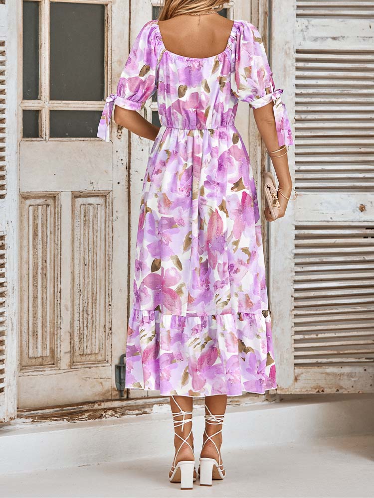 Sweet Short Sleeve Print Midi Dress