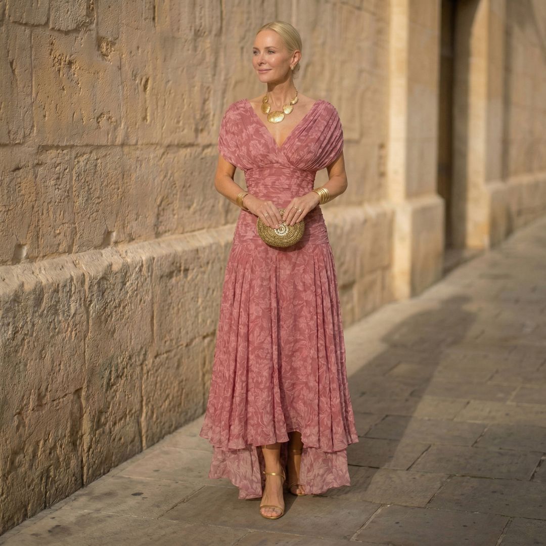 Pink V-Neck Ruched Waist Draped Floral High-Low Flowy Maxi Dress
