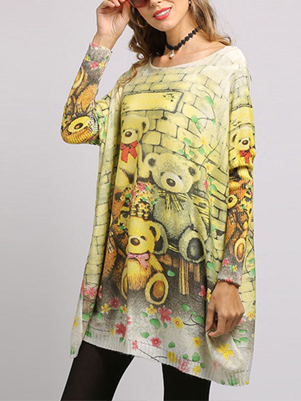 Boat Neck Long Sleeve Teddy Bear Print Knit Sweater 5