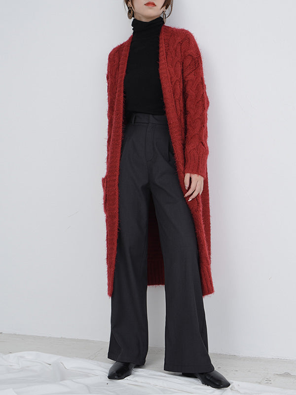 Open Front Cable Knit Fuzzy Longline Pocket Cardigan 8