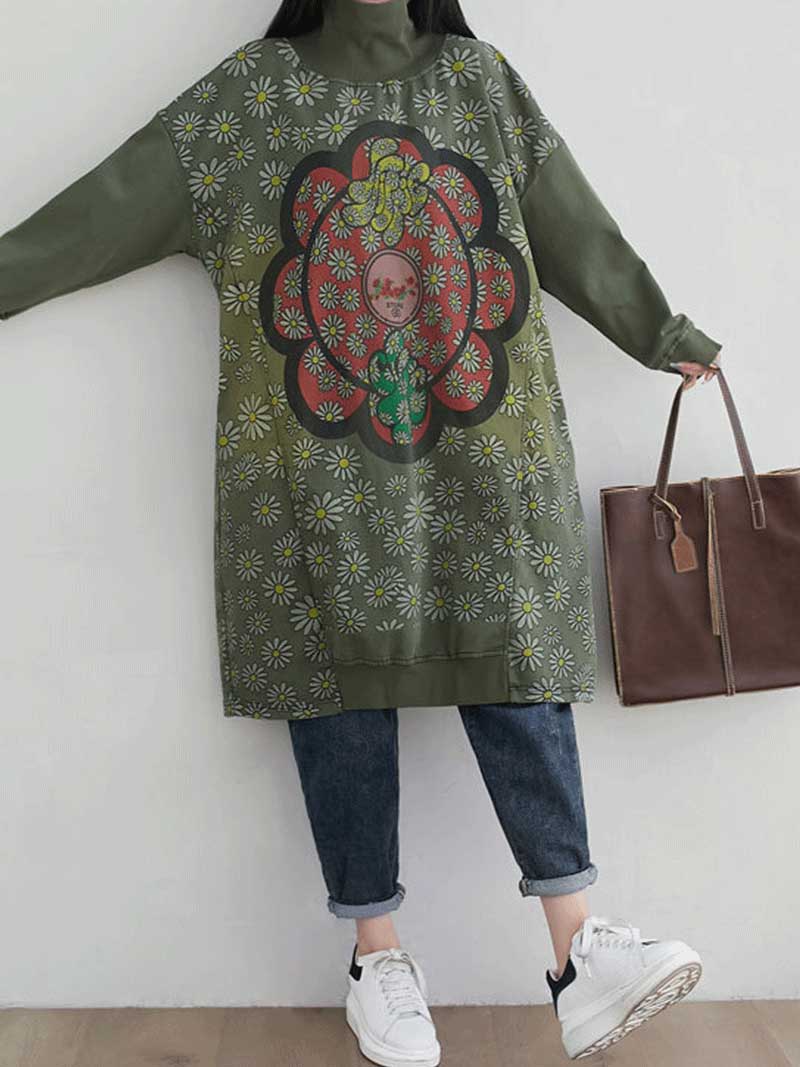 Turtleneck Floral Daisy Print Medallion Oversized Sweatshirt Midi Dress