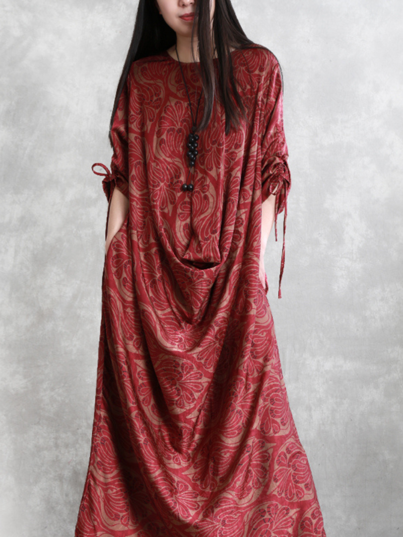 Red/coffee Round Neck Floral Print Drawstring Sleeve Draped Loose Maxi Dress