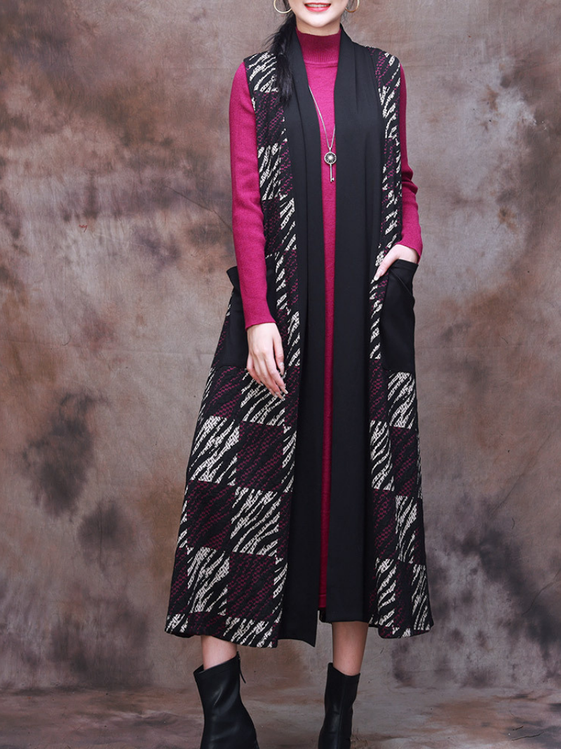 Open Front Sleeveless Plaid Patchwork Longline Vest