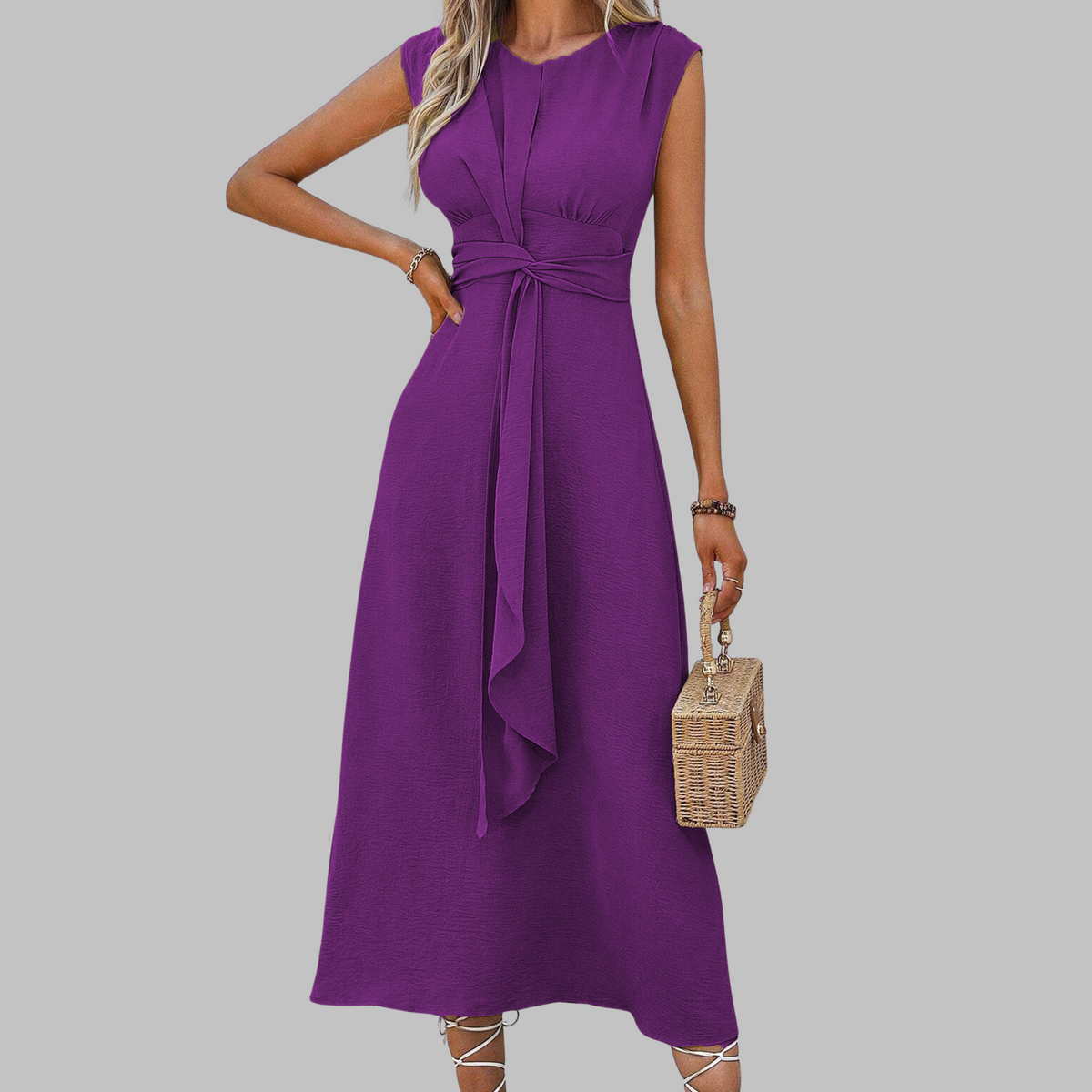 Round Neck Cap Sleeve Twist Front Tie Waist A-Line Midi Dress