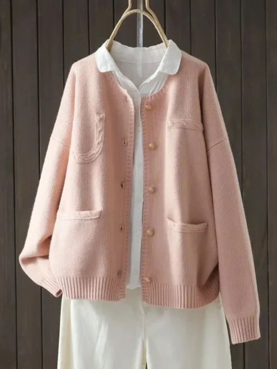 Round Neck Button Front Patch Pocket Long Sleeve Knit Cardigan