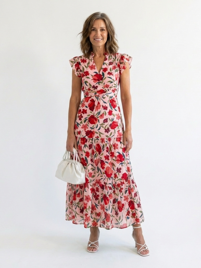 Split Neck Floral Print Ruffle Sleeve Tiered A-Line Maxi Dress