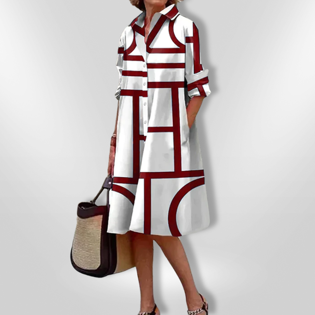 Collared Geometric Print Long Sleeve Button Front Shirt Midi Dress 3