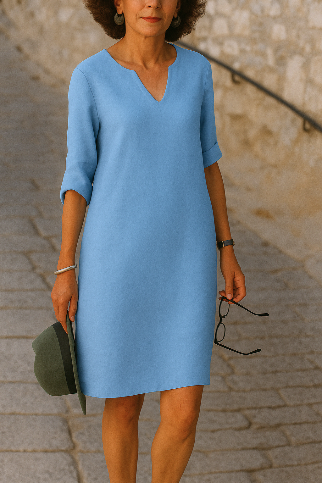 Notch Neck Half Sleeve Linen Shift Midi Dress 9