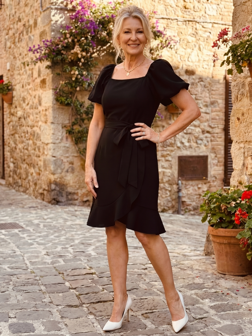 Square Neck Puff Sleeve Tie Waist Ruffle Hem A-Line Mini Dress 9