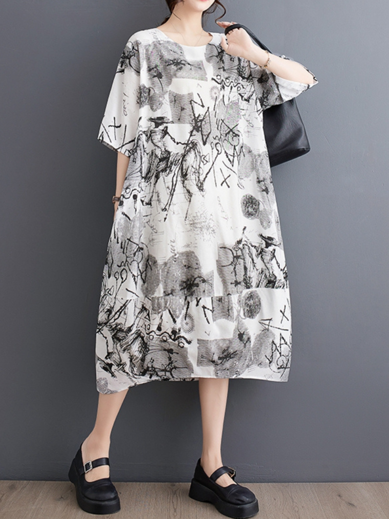 Round Neck Short Sleeve Abstract Ink Print Cocoon Midi Dress 2