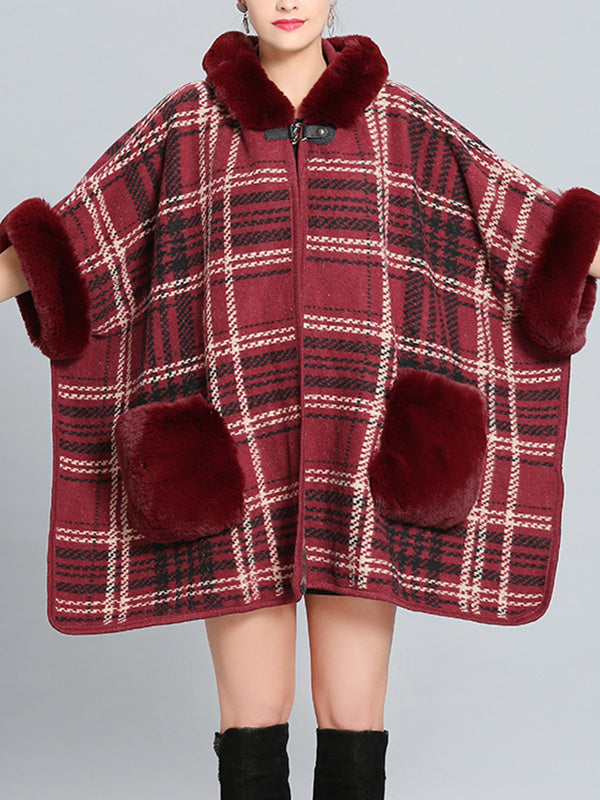 Hooded Faux Fur Trim Plaid Pocket Cape Cardigan