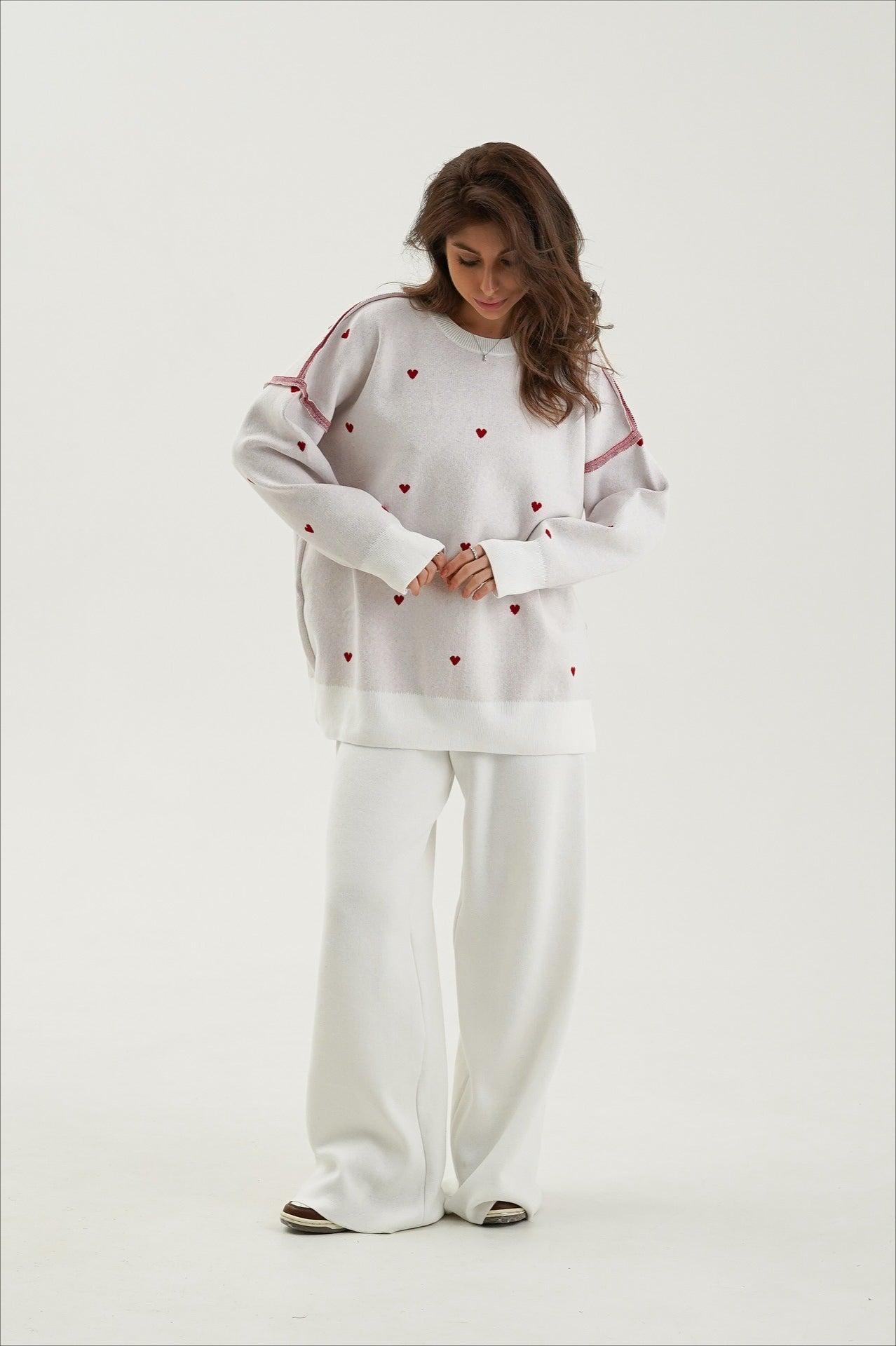Oversized Heart Print Long Sleeve Knit Sweater