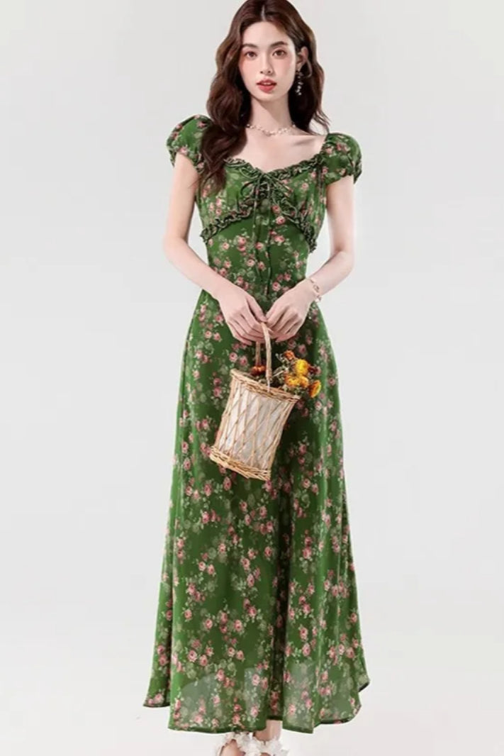 Retro Slim Green V - Neck Floral Dress