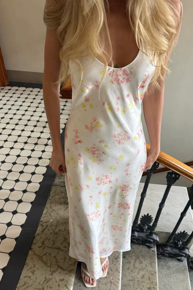 Satin U Neck Halter Backless Slim Floral Dress