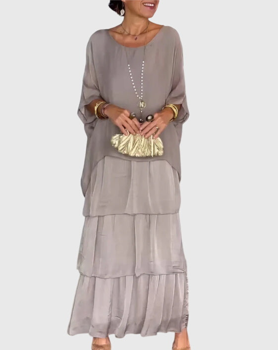 Round Neck Chiffon Batwing Sleeve Layered Tiered Flowy Maxi Dress