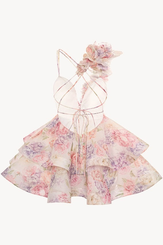 Deep V Neck Asymmetric Ruffle Tiered Oversized Floral Print Mini Dress 11