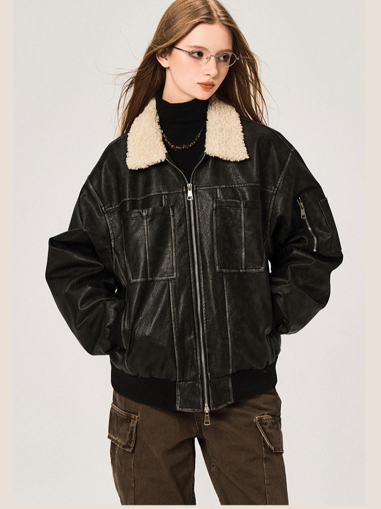 PU Leather Jacket with Lamb Wool Collar