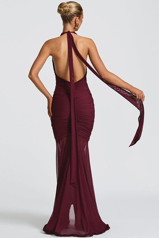 Mesh Panel Halter V Neck Backless Elegant Party Dress