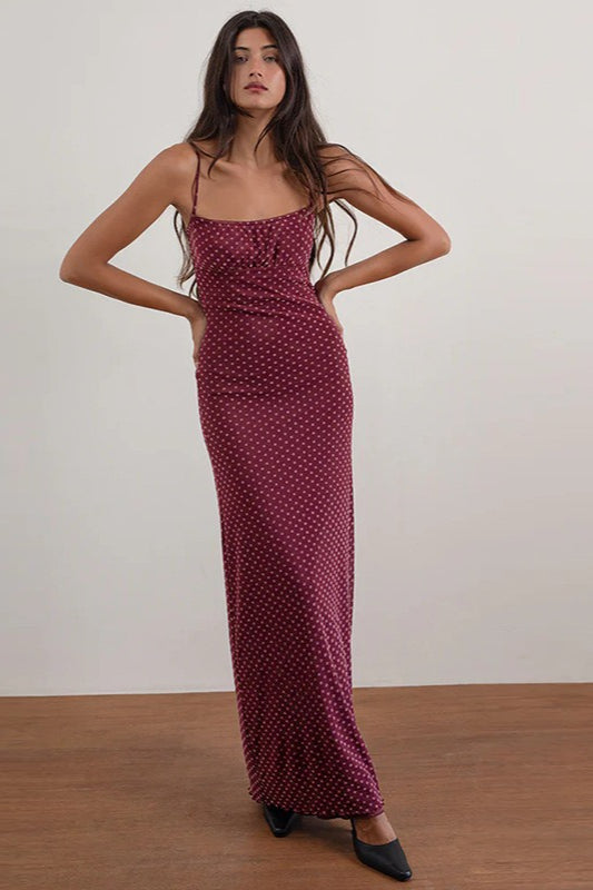 Burgundy Backless Polka Dot Cami Maxi Dress