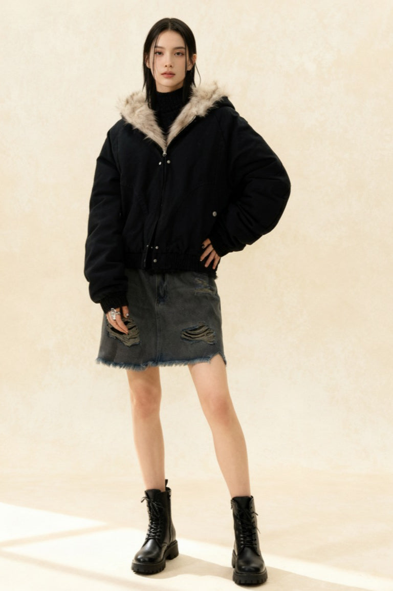 FurTrimmed Hooded Bomber Jacket