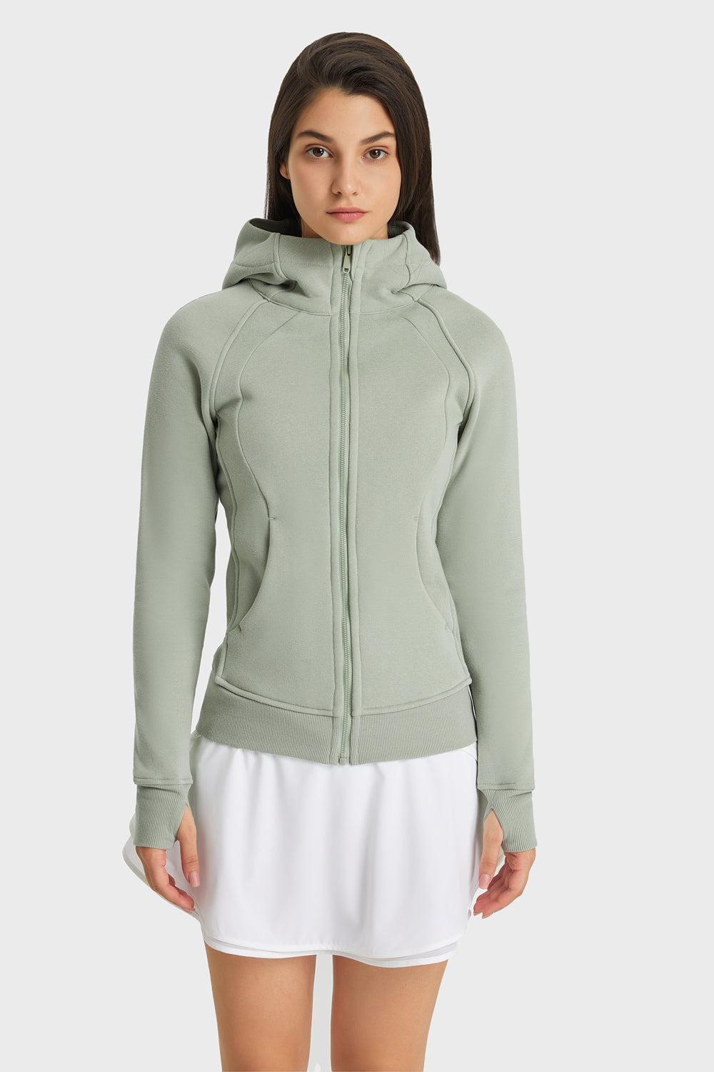 Zip Up Hooded Long Sleeve Thumbhole Fitted Sports Jacket