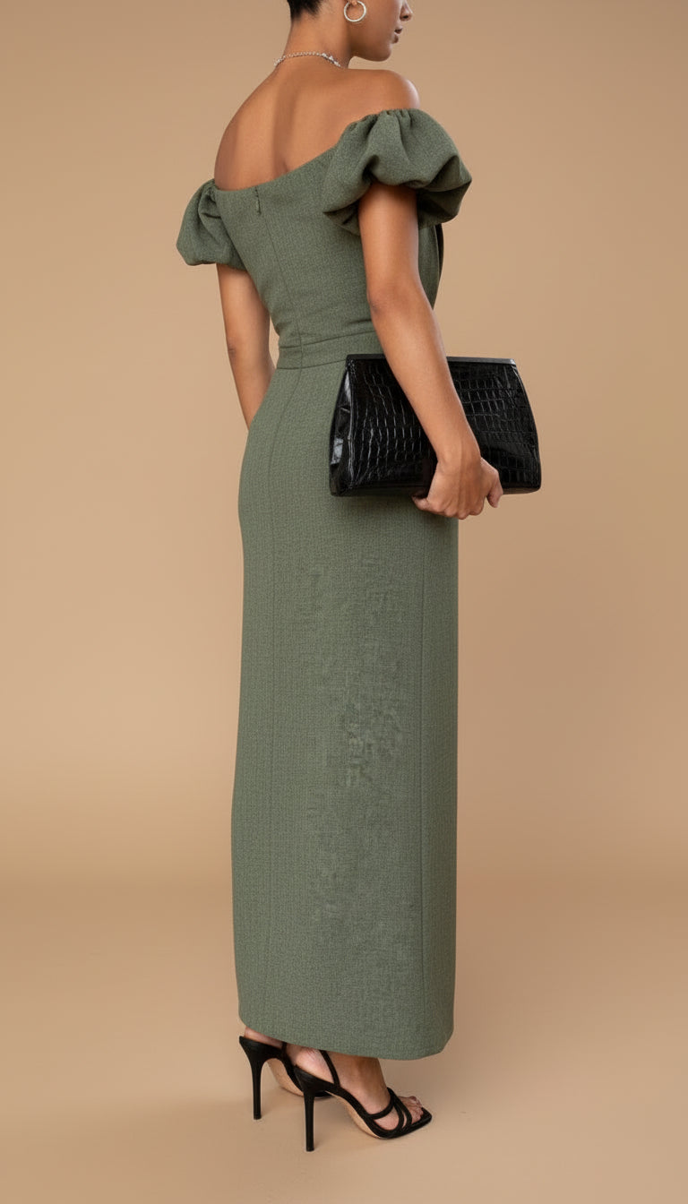 Green Off-Shoulder Puff Sleeve Pleated Bodice Column Maxi Dress