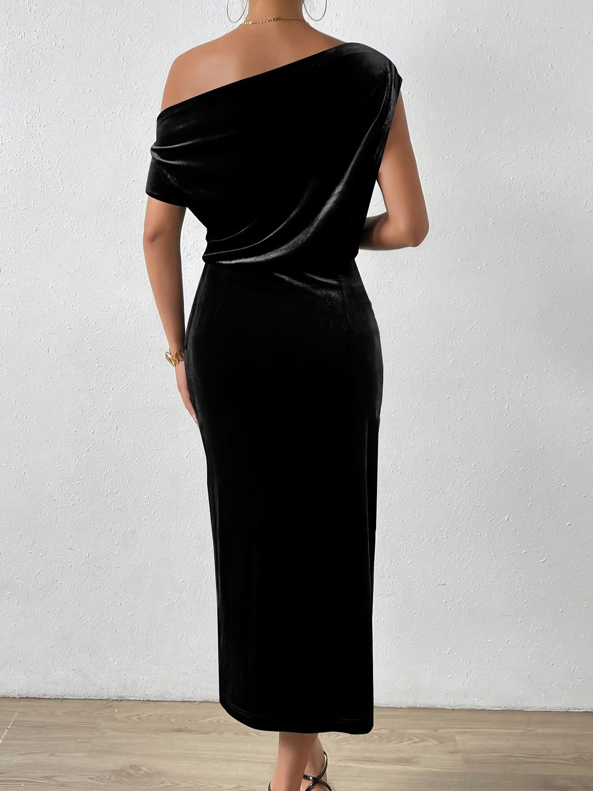 Asymmetric Neck Velvet Ruched High Slit Bodycon Midi Dress