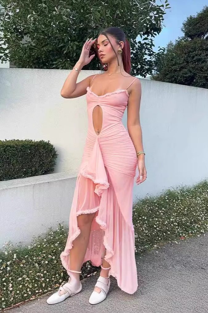 Lace Cutout Mesh Spaghetti Strap Asymmetrical Party Dress