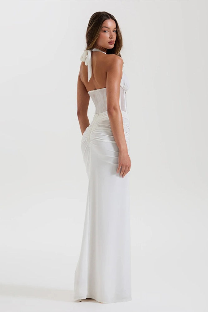Halter Mesh Paneled Pencil Maxi Party Dress