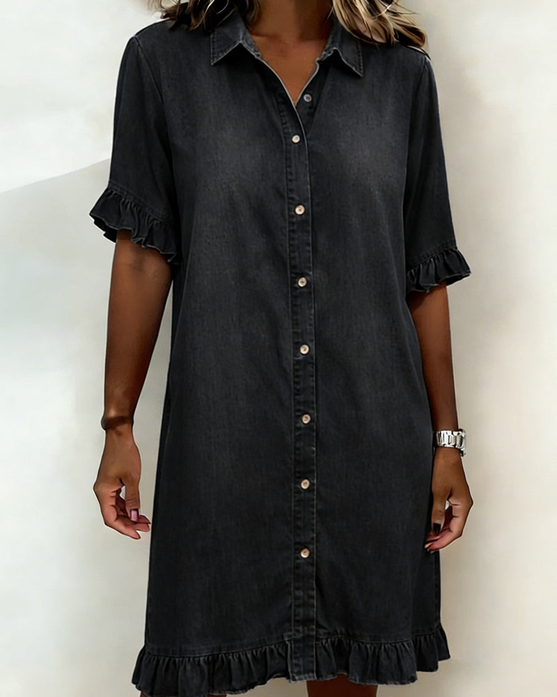 Collared Ruffle Cuff Ruffle Hem Denim Shirt Dress 2