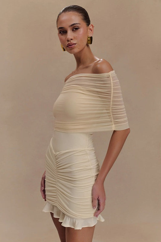 Ruched Ruffle Mesh Mini Dress