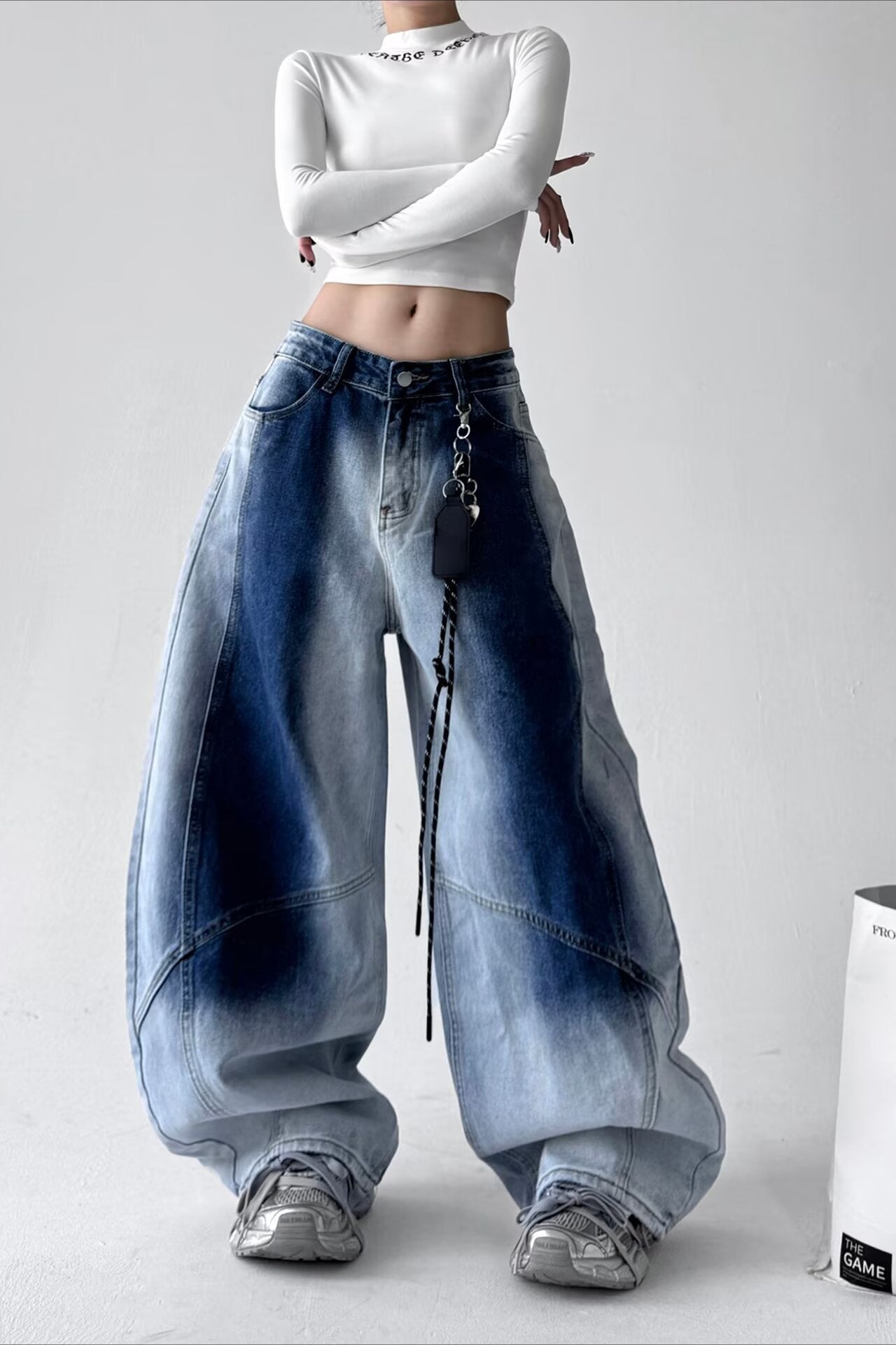 Vintage High Waist Wide Leg Gradient Washed Curved Jeans