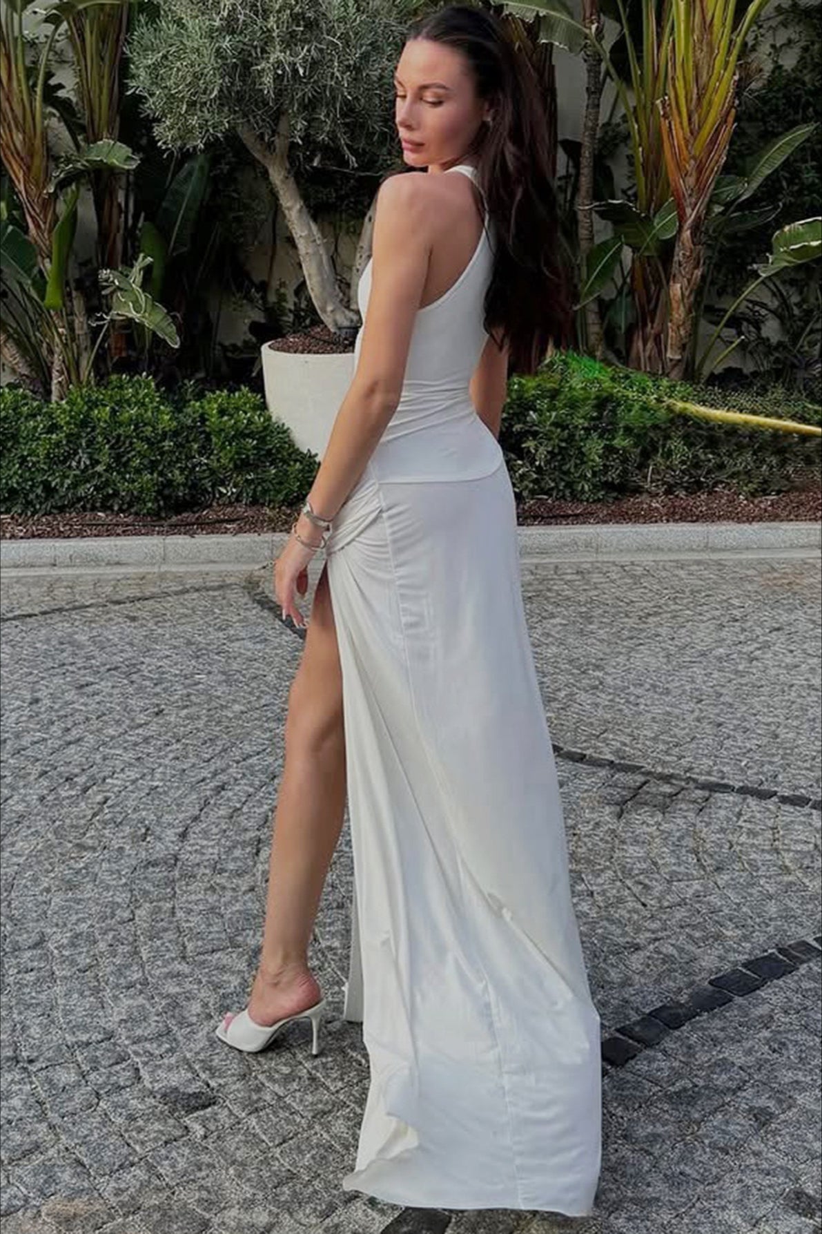 Sexy Solid Fitted High Slit Ruched Sleeveless Party Dress