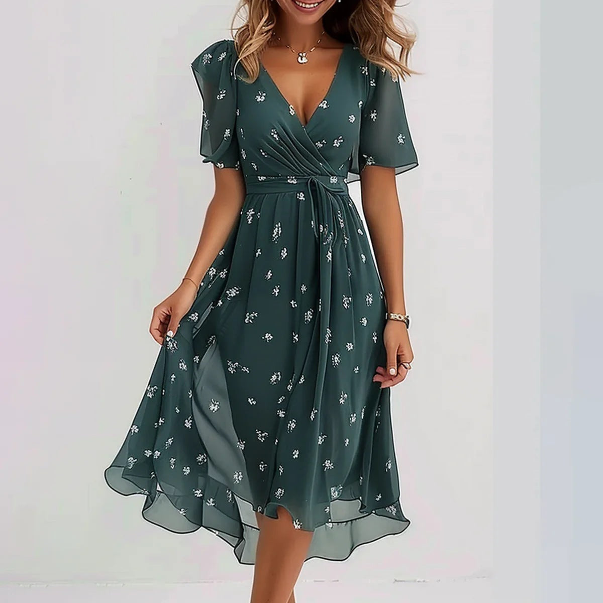 V-Neck Floral Print Flutter Sleeve Tie Waist Wrap Midi Dress
