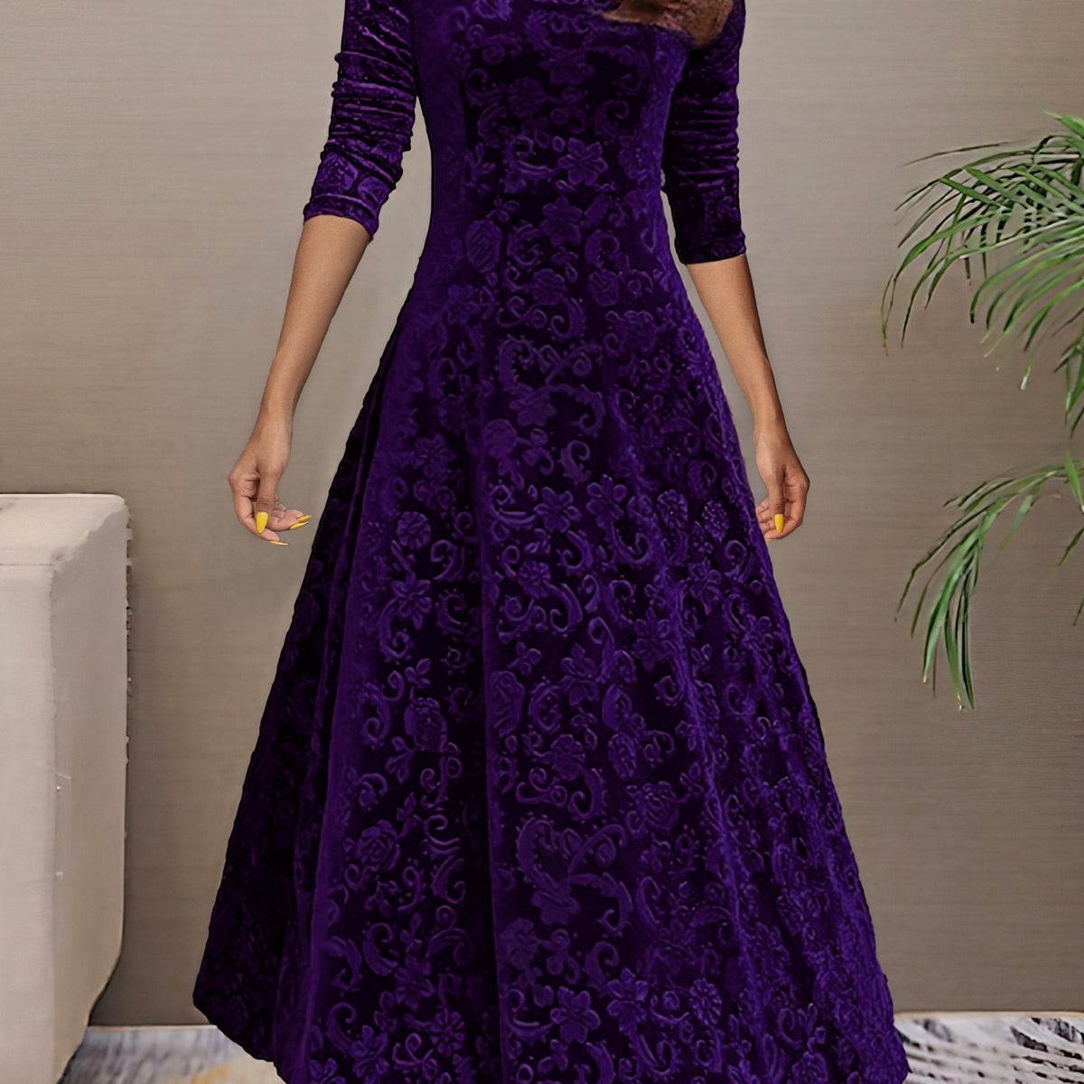 V-Neck Floral Burnout Velvet Long Sleeve A-Line Maxi Dress 8