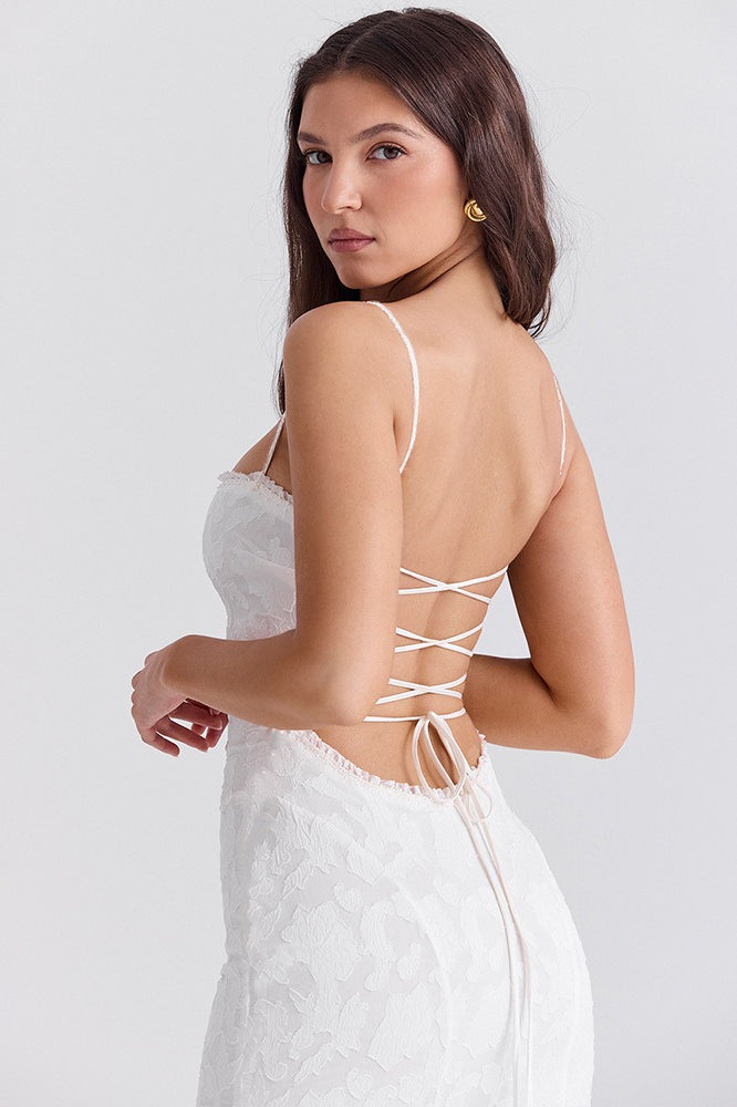 White Spaghetti Strap Back Lace-up Dress 8