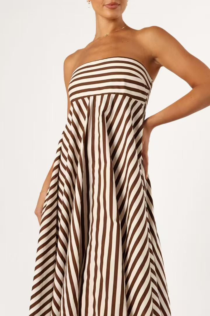 Brown Strapless Horizontal Diagonal Stripe Mitered A Line Maxi Dress 4