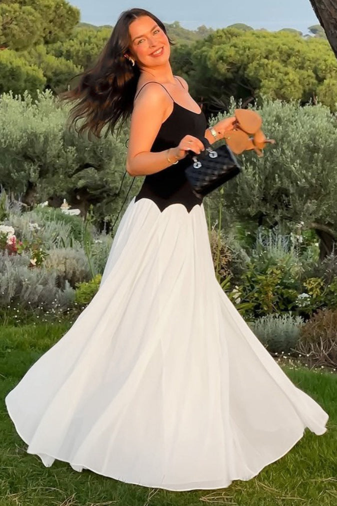 Color Block Open Back Waist Cinch Maxi Slip Dress
