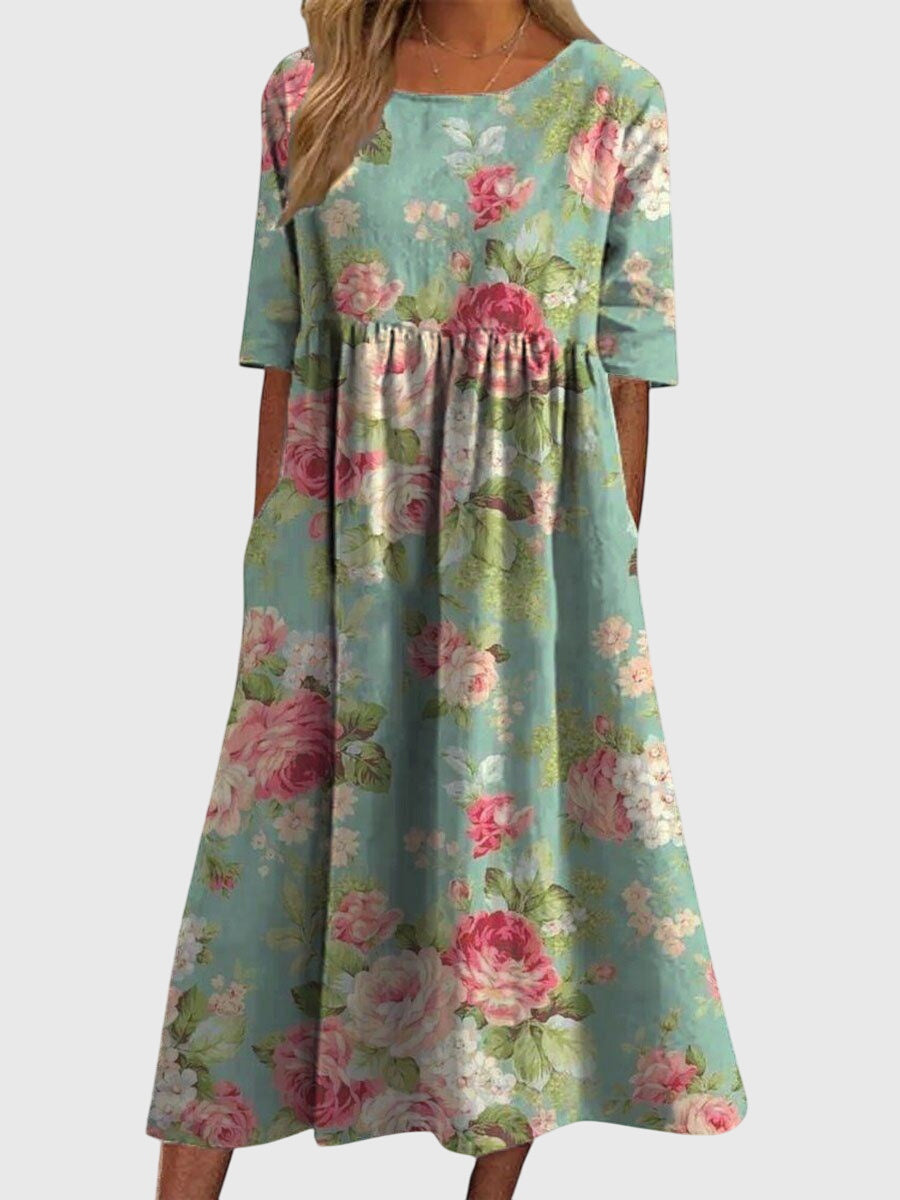 Round Neck Floral Print Short Sleeve Empire Waist A-Line Midi Dress