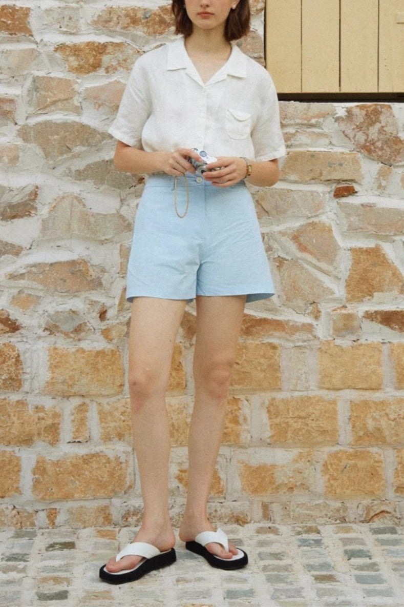 Linen Camp Collar Short Sleeve Blouse