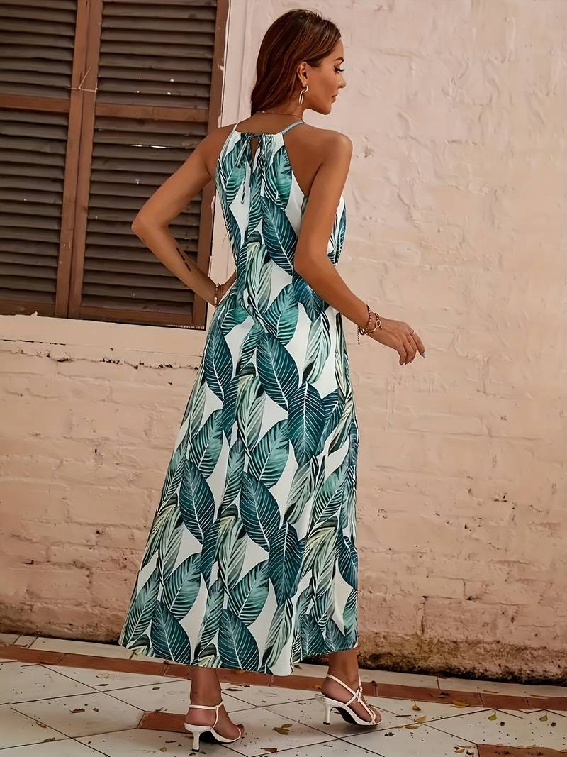 Jocelyn Boutique Halterneck Beach Dress with Leaf Pattern Premium Wardrobe Essential