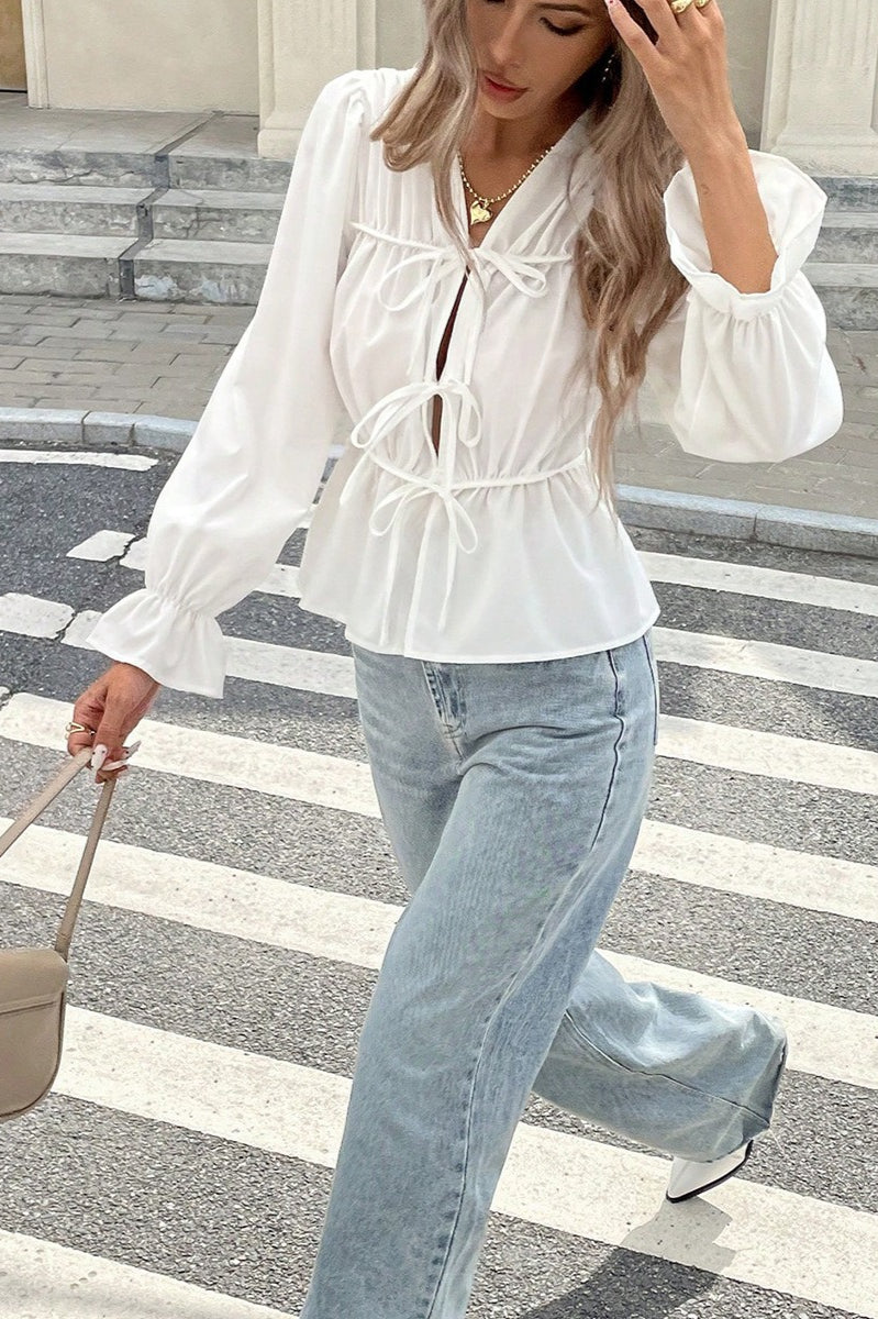 Waist-Tie Long-Sleeve Cardigan Blouse