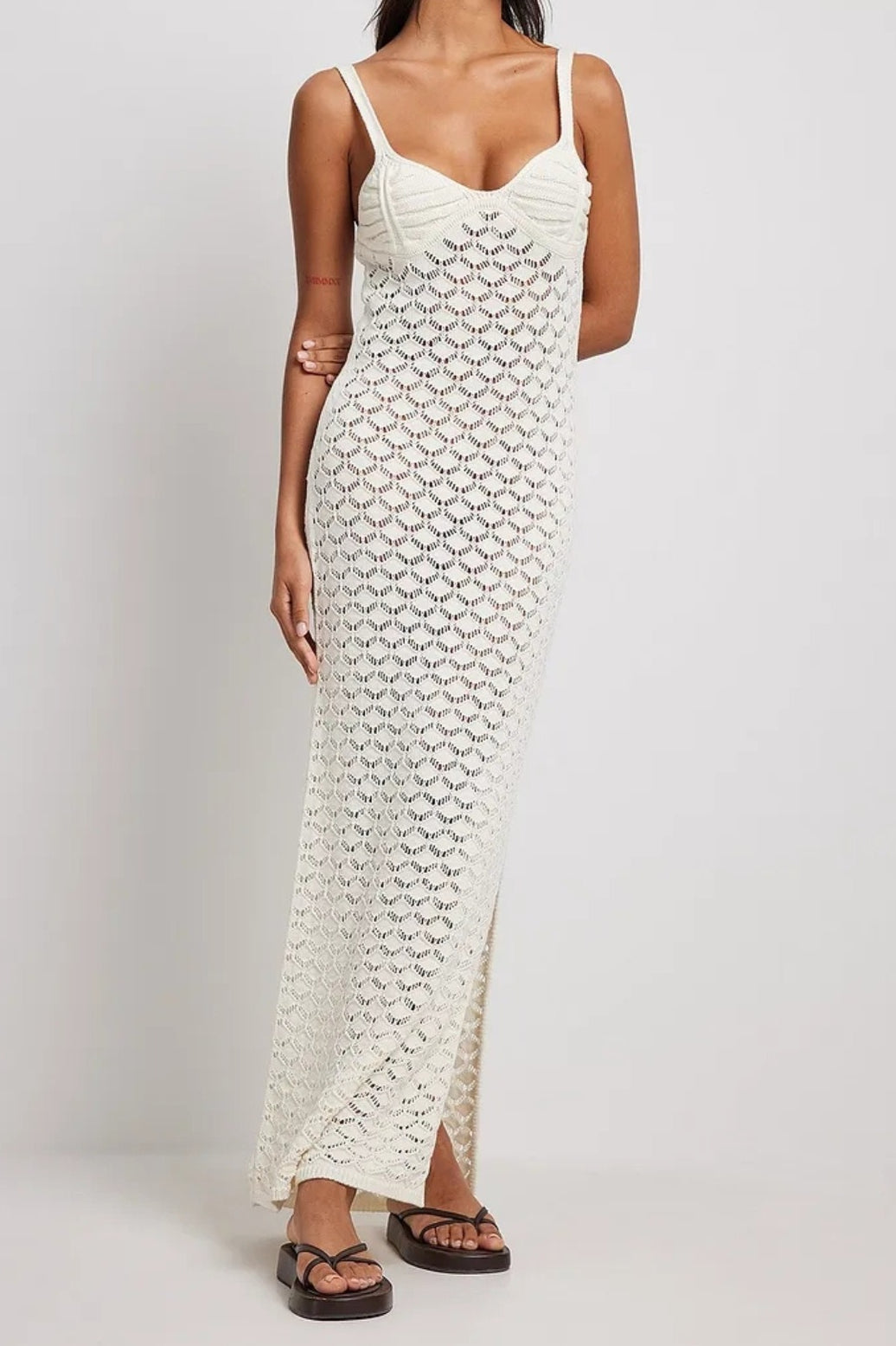 White Spaghetti Strap Sweetheart Crochet Knit Side Slit Maxi Dress