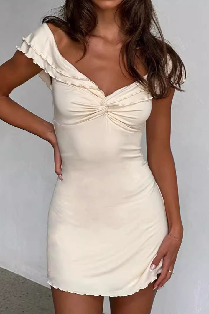 Off Shoulder Twist Ruffle Cowl Mini Slim Bodycon Dress
