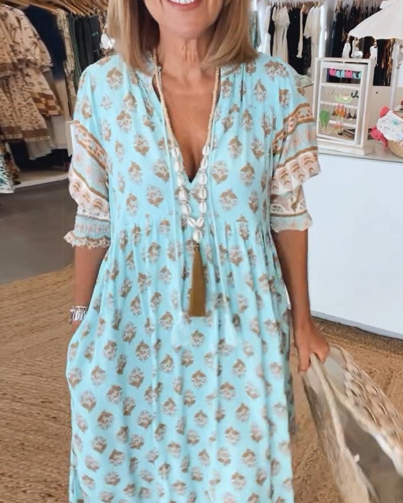 Split V-Neck Boho Border Print Ruffle Sleeve Tiered A-Line Midi Dress
