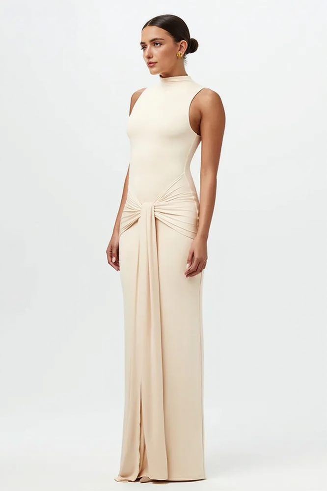 Solid Crew Neck Sleeveless Tie Bodycon Party Dress