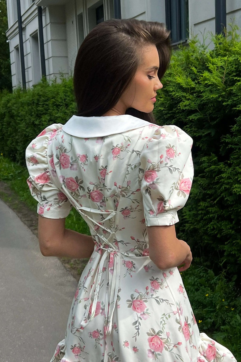 Oversized Collar Puff Sleeve Pearl Button Ruffle Tier Hem Floral Print Mini Dress 3