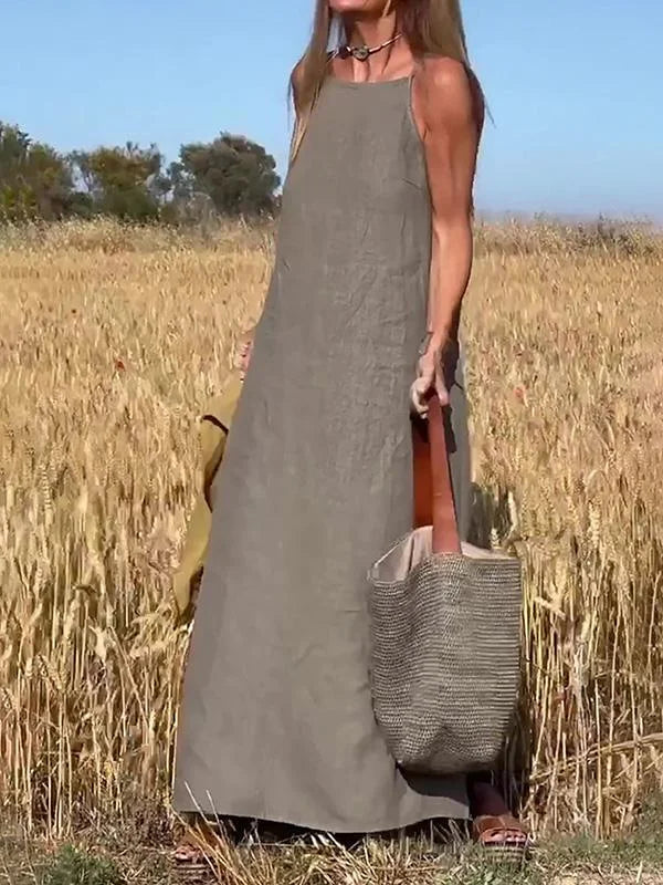 Spaghetti Strap Square Neck Linen Loose Maxi Dress